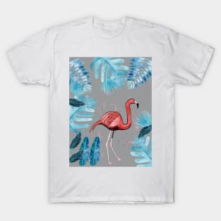 Flamingo with tropical leaves and a gray background T-Shirt